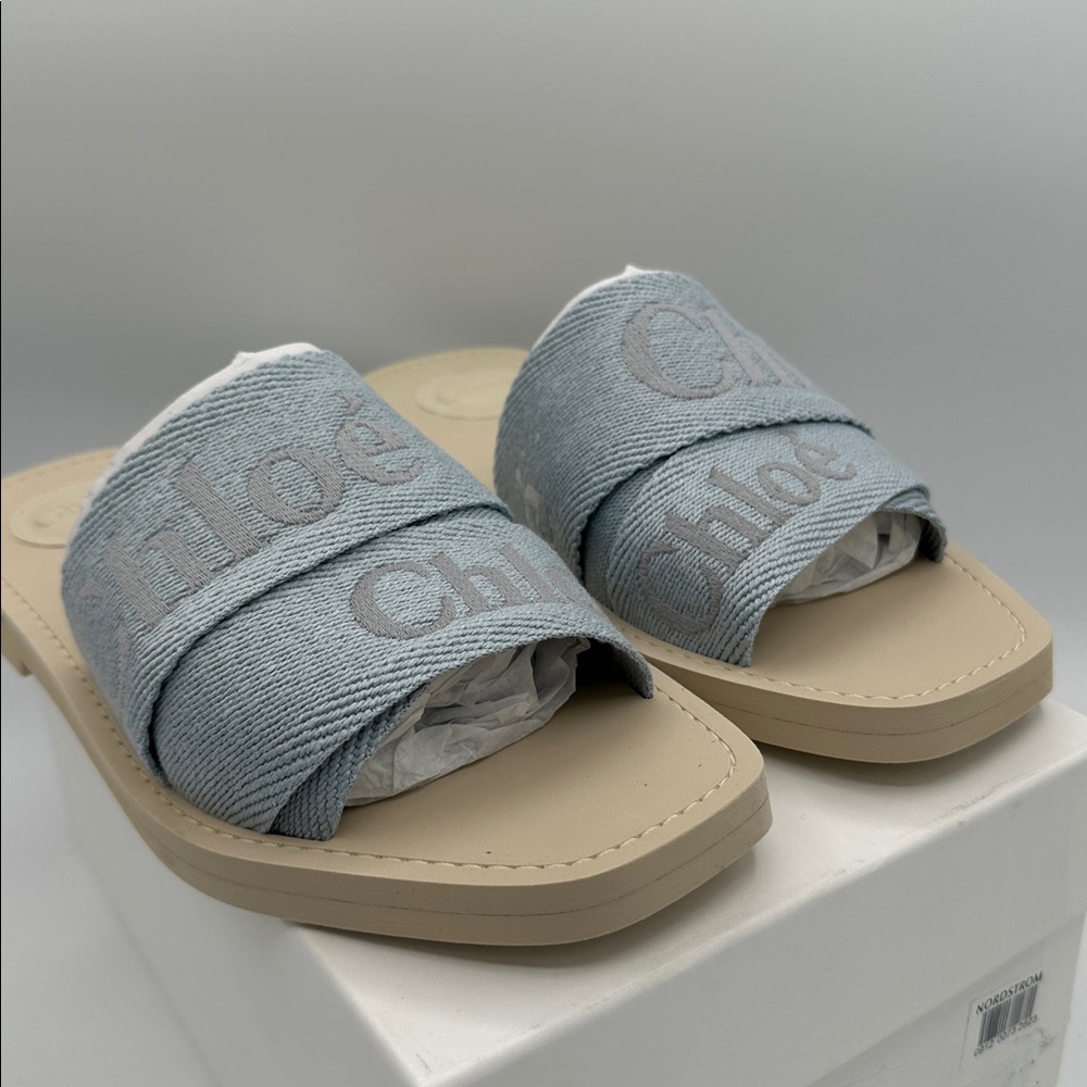 Chloe Woody Logo Embroidered Slide Sandals Pearl Blue Size 38 EU / 8 US NIB